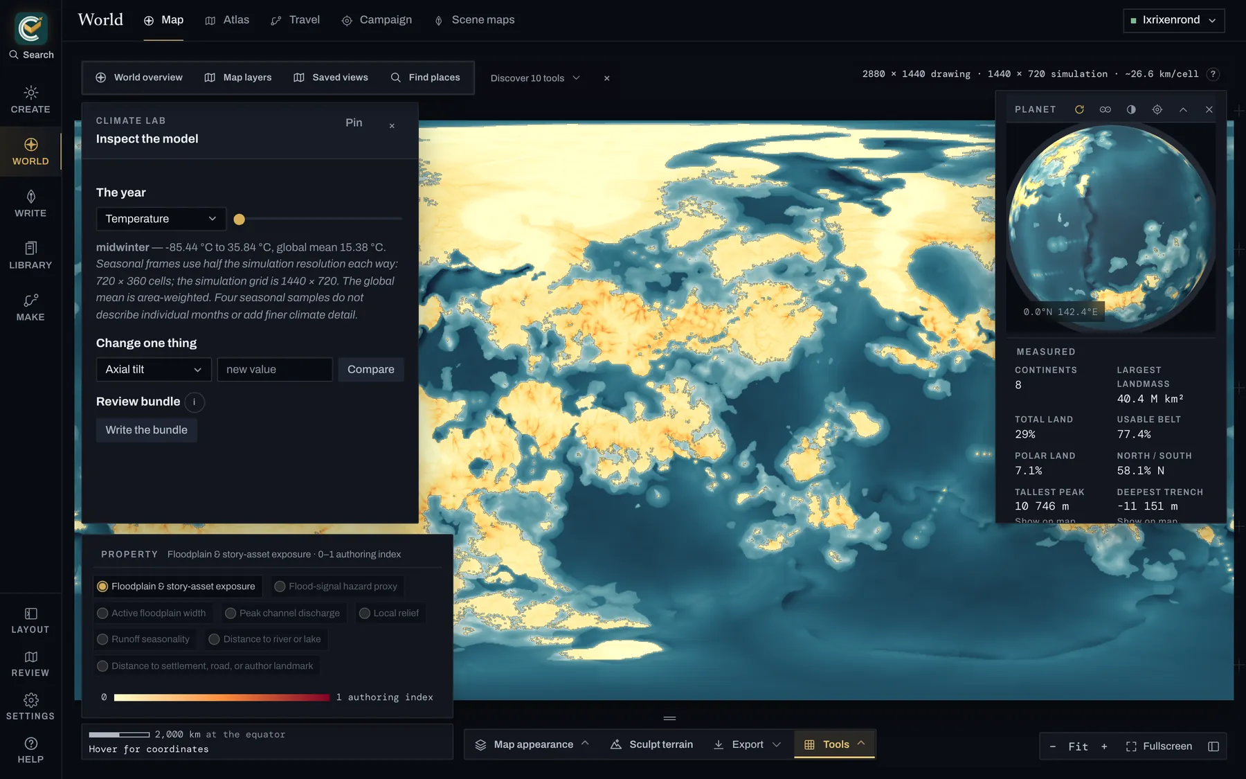 Climate Lab open over the saved world, with seasonal climate layers and comparison controls