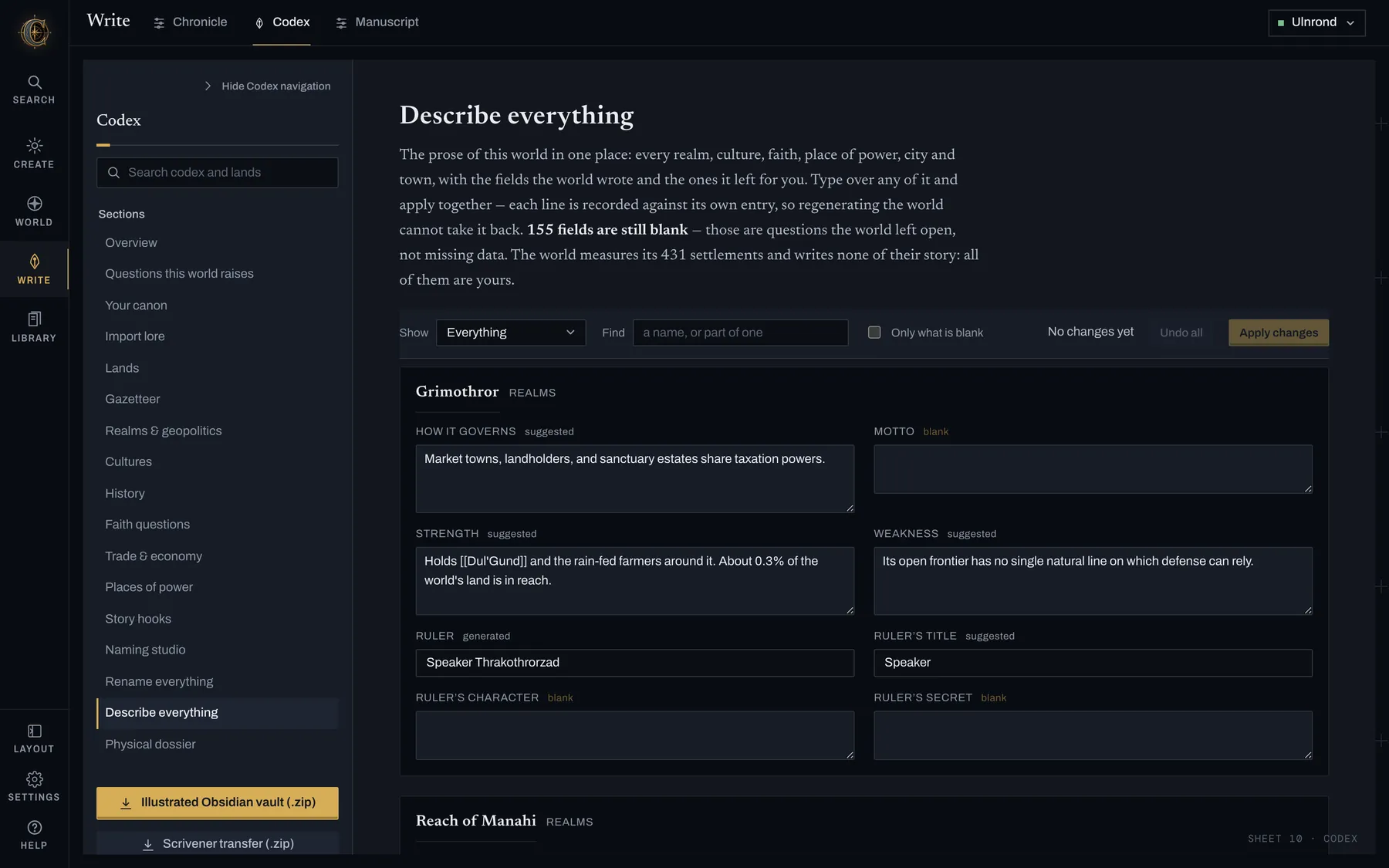 The Describe everything sheet: one realm's fields for government, motto, strength, weakness and its ruler