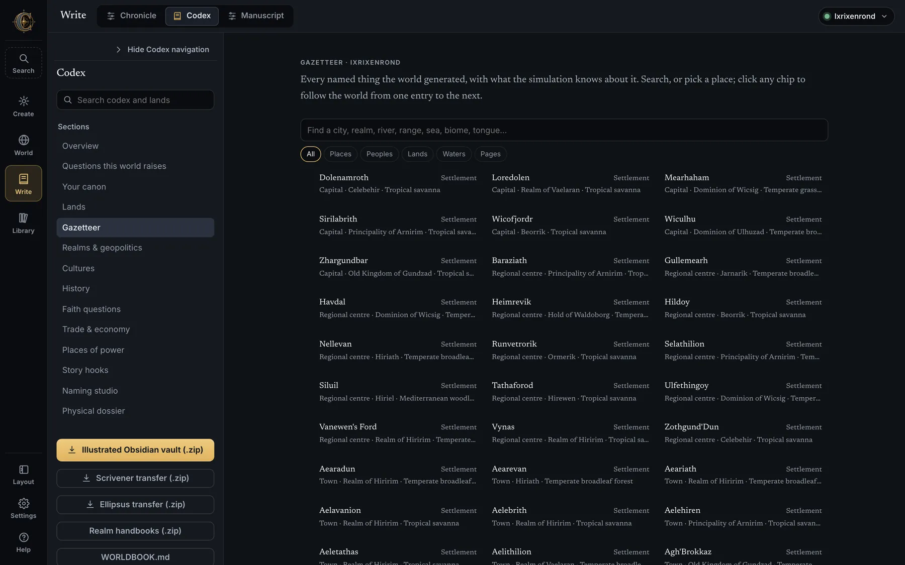The Gazetteer: a searchable index of every settlement, realm, people, land, water and place of power