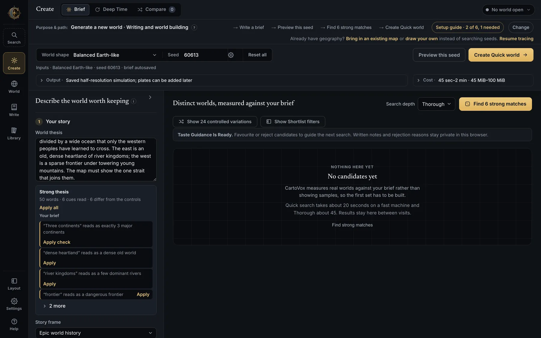 The Create workspace: a world thesis on the left with its reading, and the seed search panel on the right