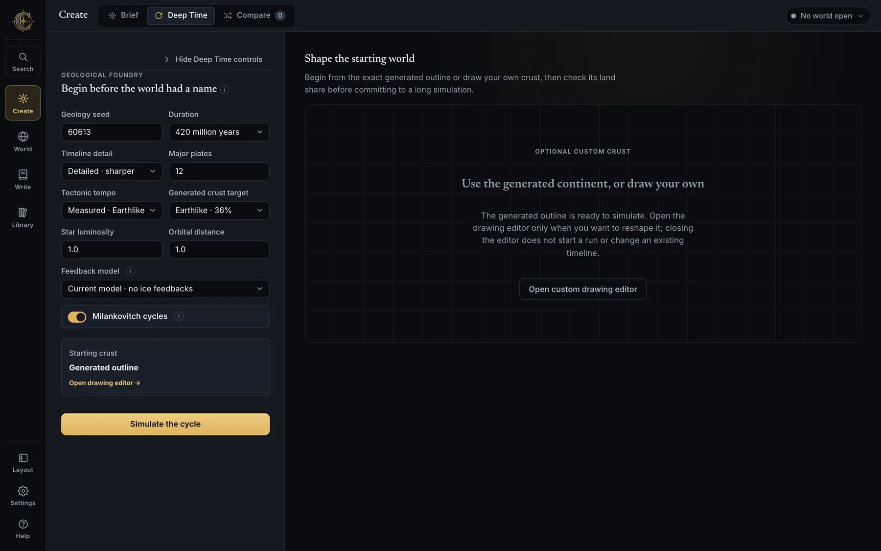 The Deep Time tab: geological foundry controls for seed, duration, timeline detail, plates, crust target, tempo, star and orbit, feedback model and Milankovitch cycles