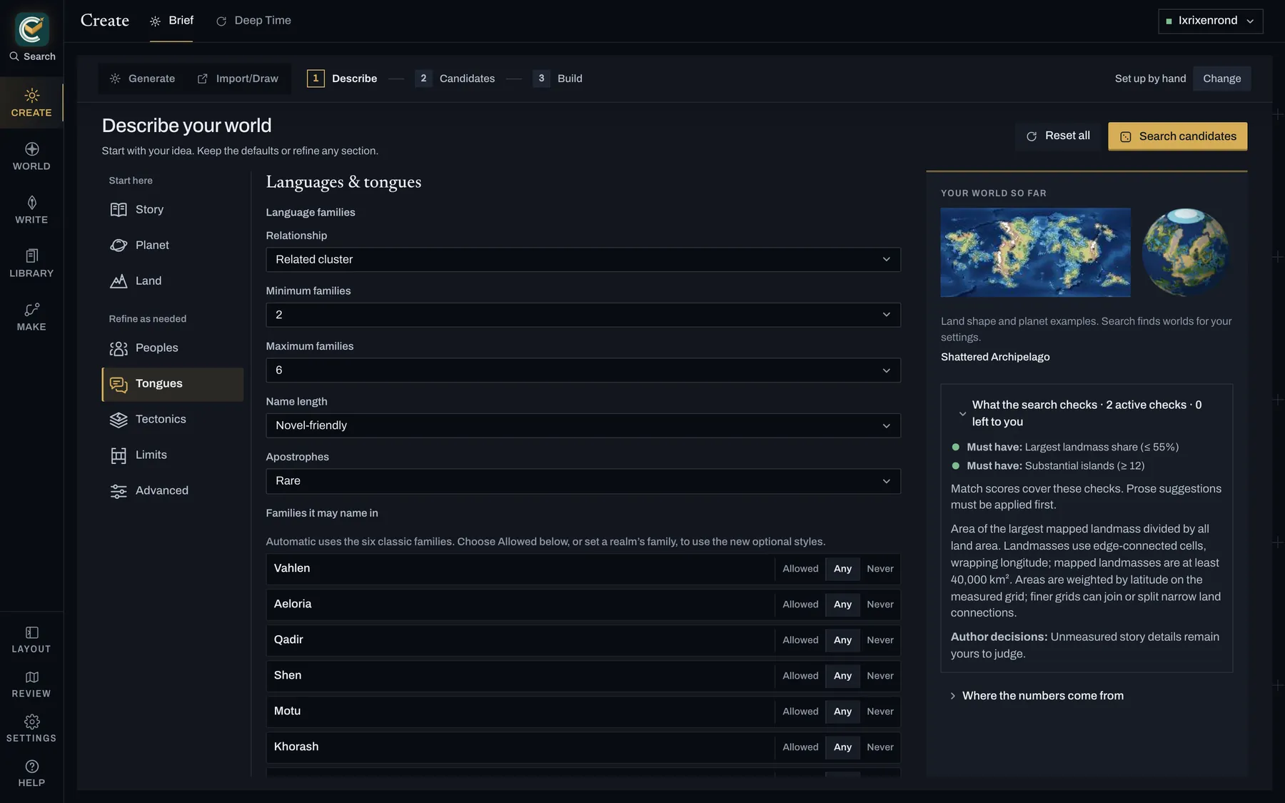 Language families in the Create brief, with controls for the tongues that will name the world