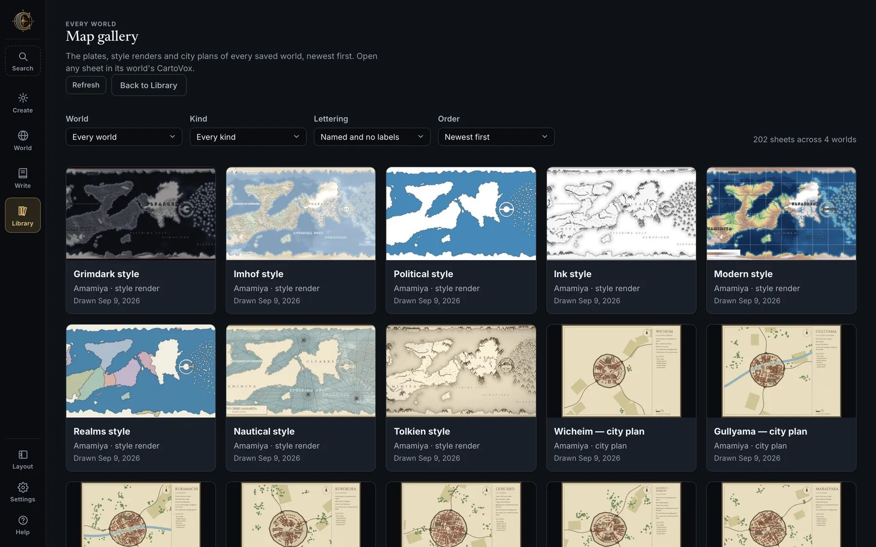 The Map gallery: plates, style renders and city plans from every saved world on one wall