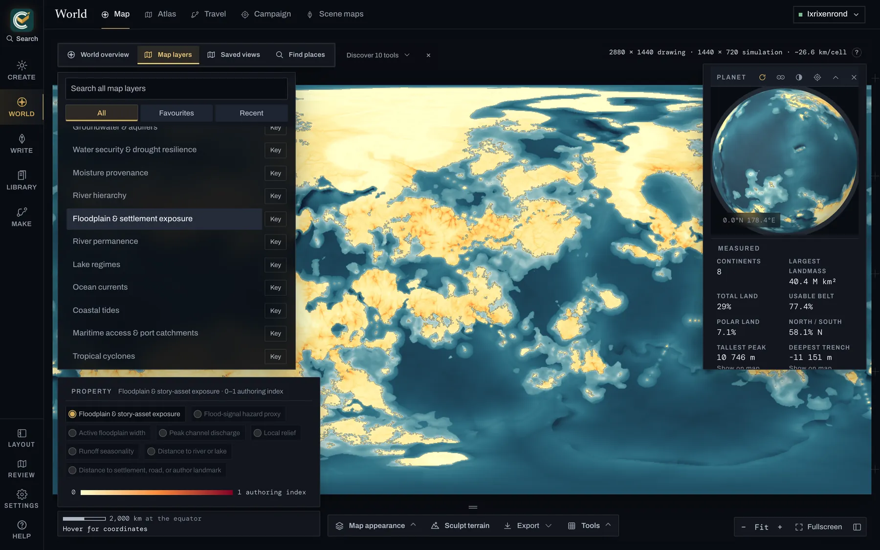 The Floodplain & settlement exposure view in CartoVox, with exposure mapped around rivers and settlements