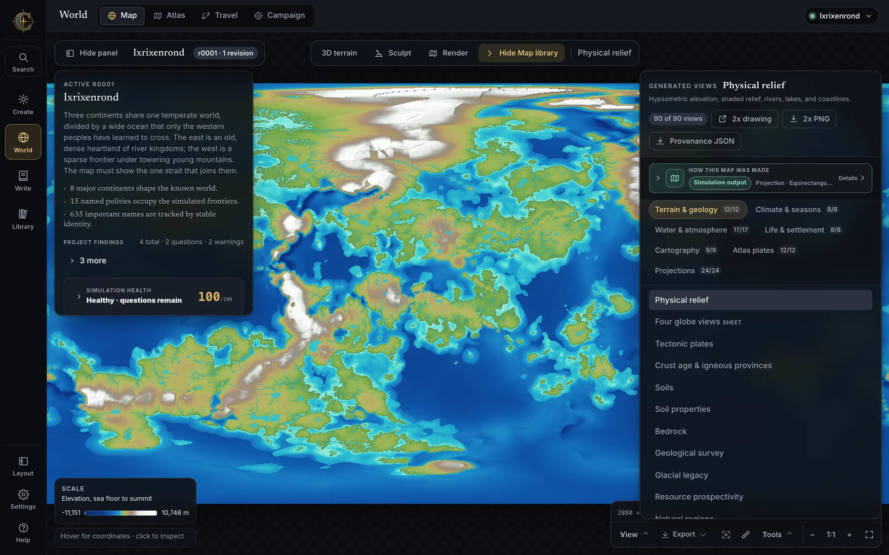 The Map library panel open beside the map, listing generated views by group