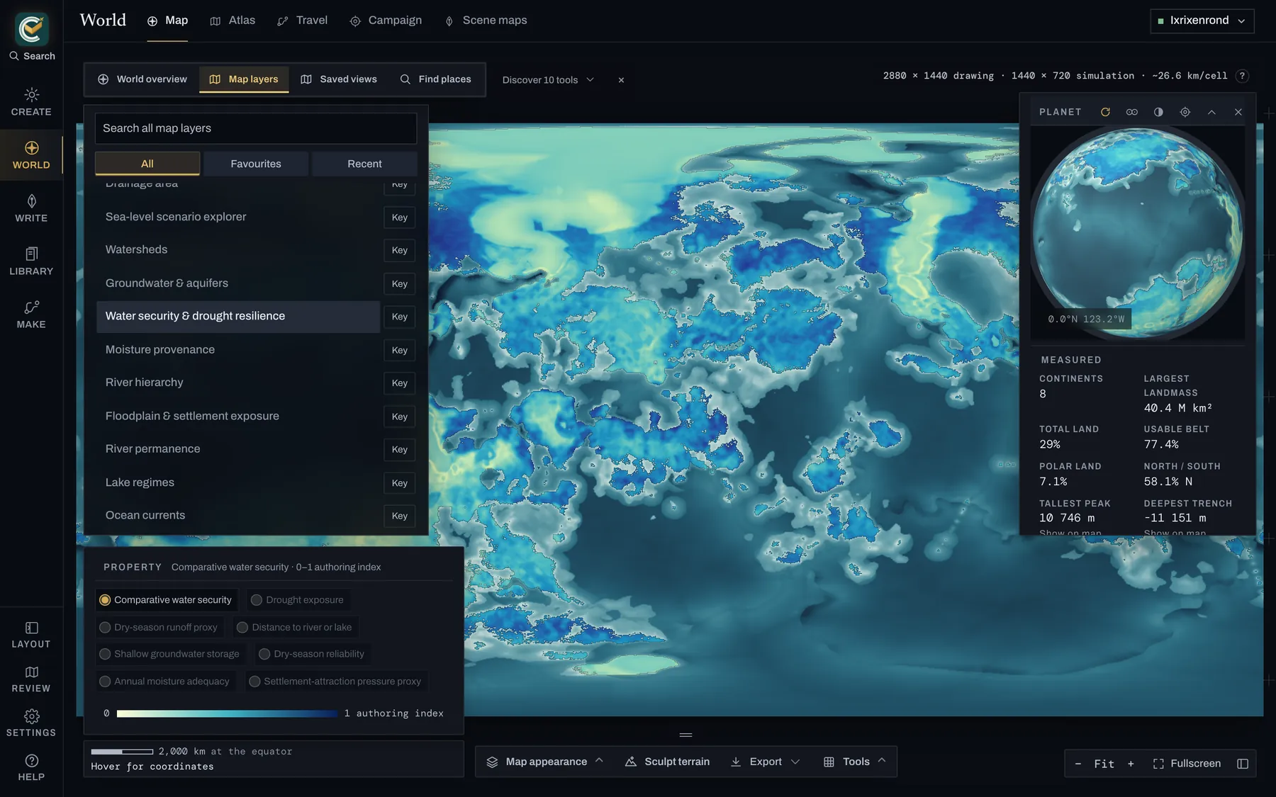 The Water security & drought resilience view selected in CartoVox, with its comparative supply map and reading key