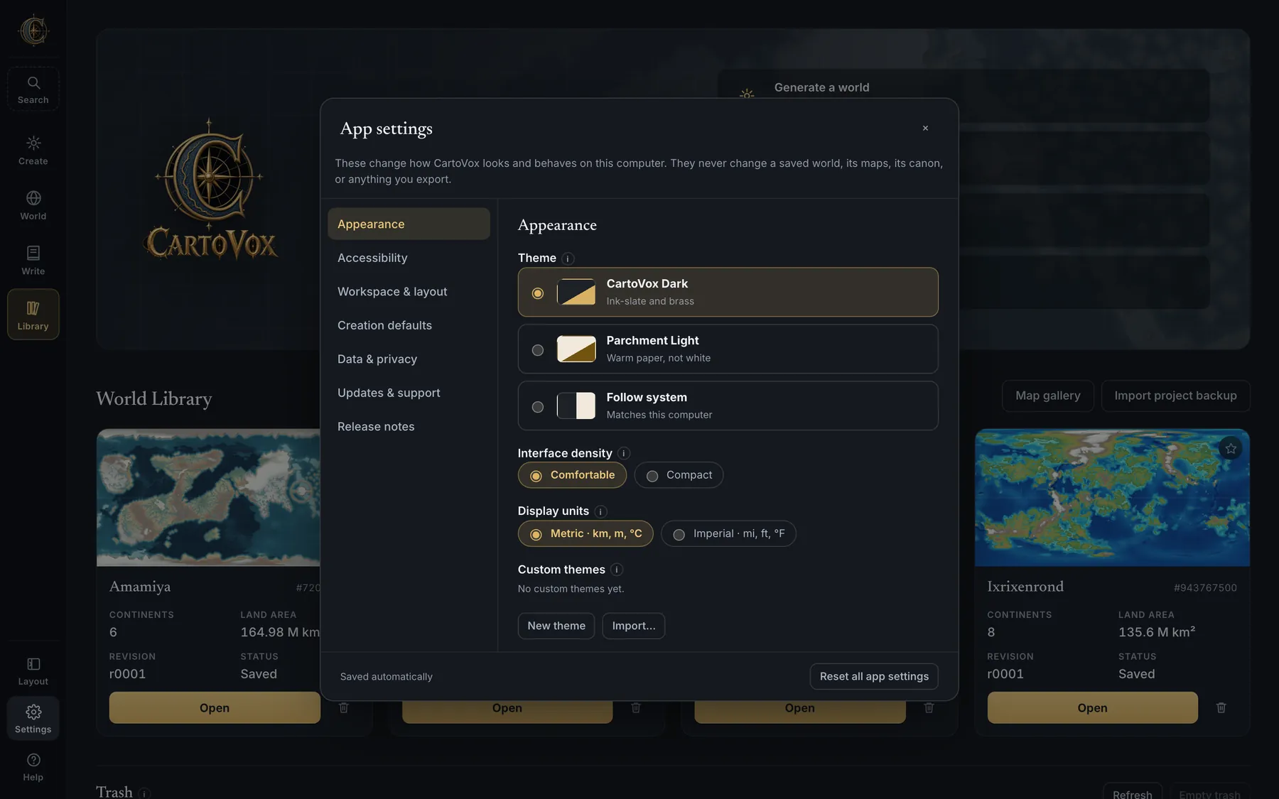 The App settings dialog open on Appearance: theme, interface density, display units and custom themes