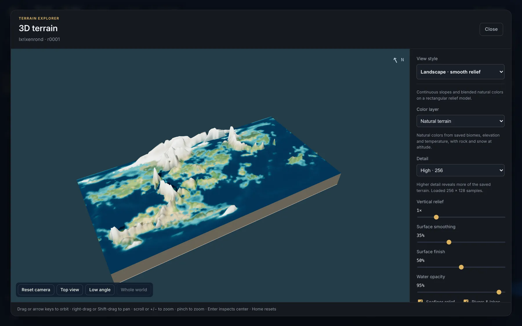 The 3D terrain explorer showing the world as a smooth relief landscape with its controls