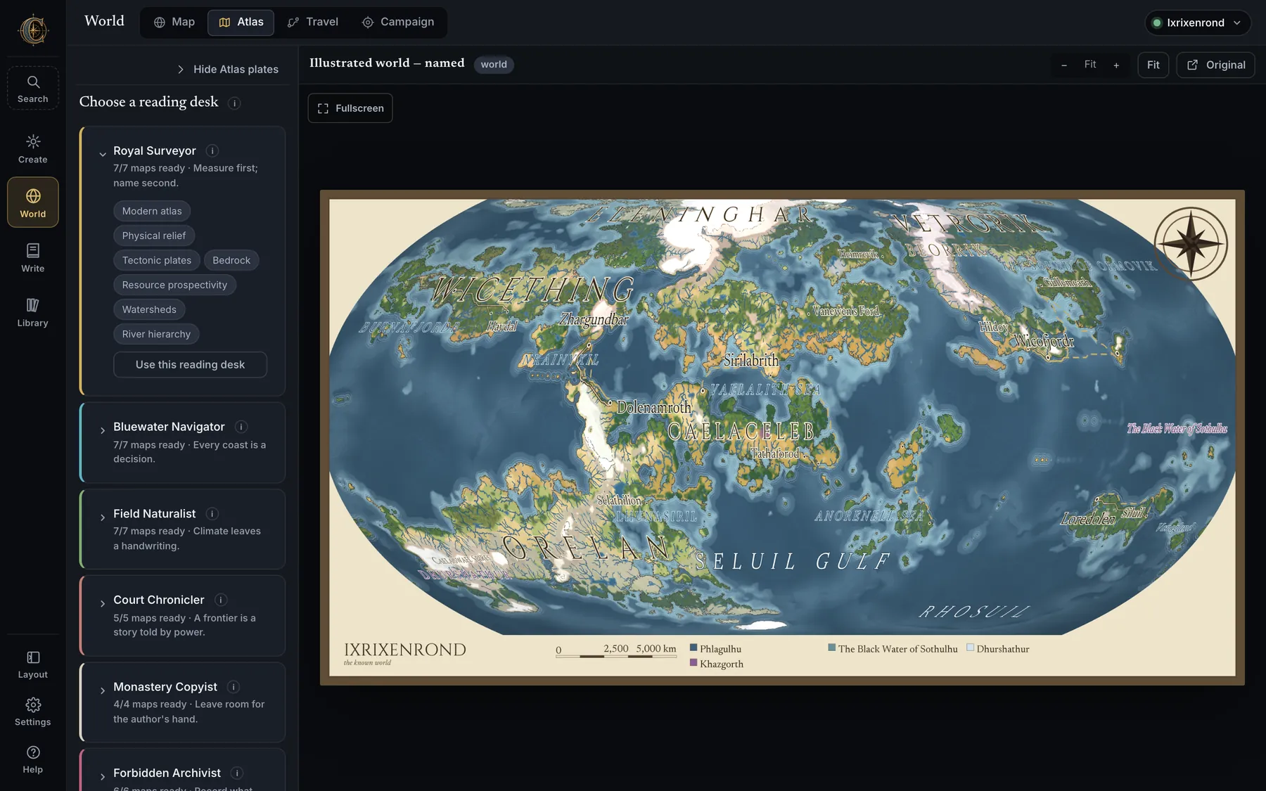 The Atlas tab: the illustrated world plate beside six cartographer reading desks