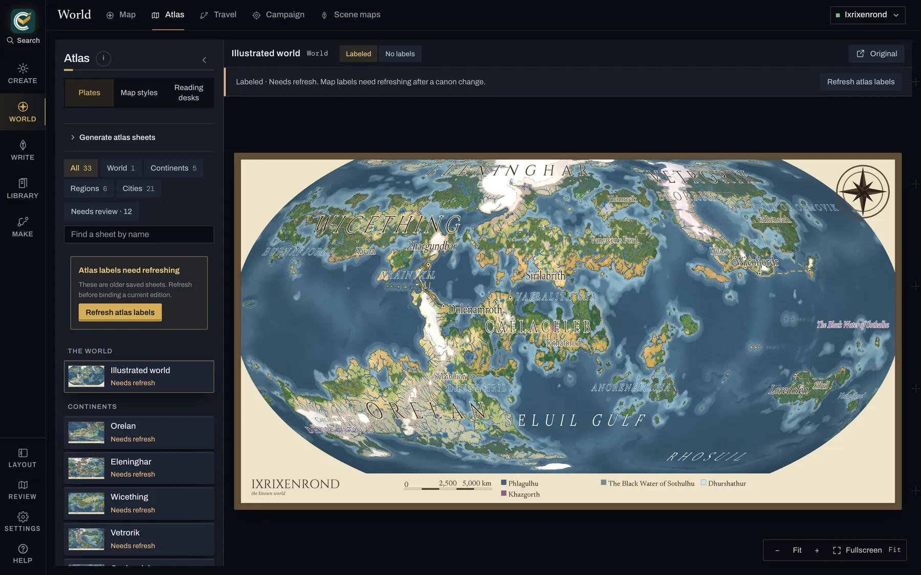 CartoVox Atlas workspace with a named illustrated world sheet