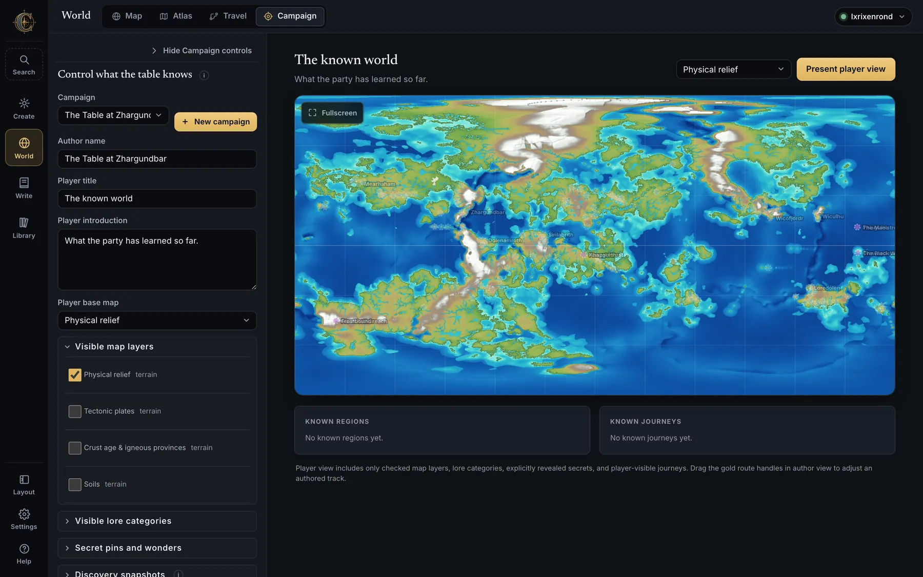 The Campaign desk with a campaign profile, visible map layers and the player atlas