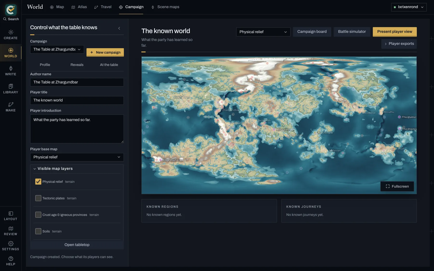 CartoVox Campaign workspace showing a player-visible map and controls for handouts
