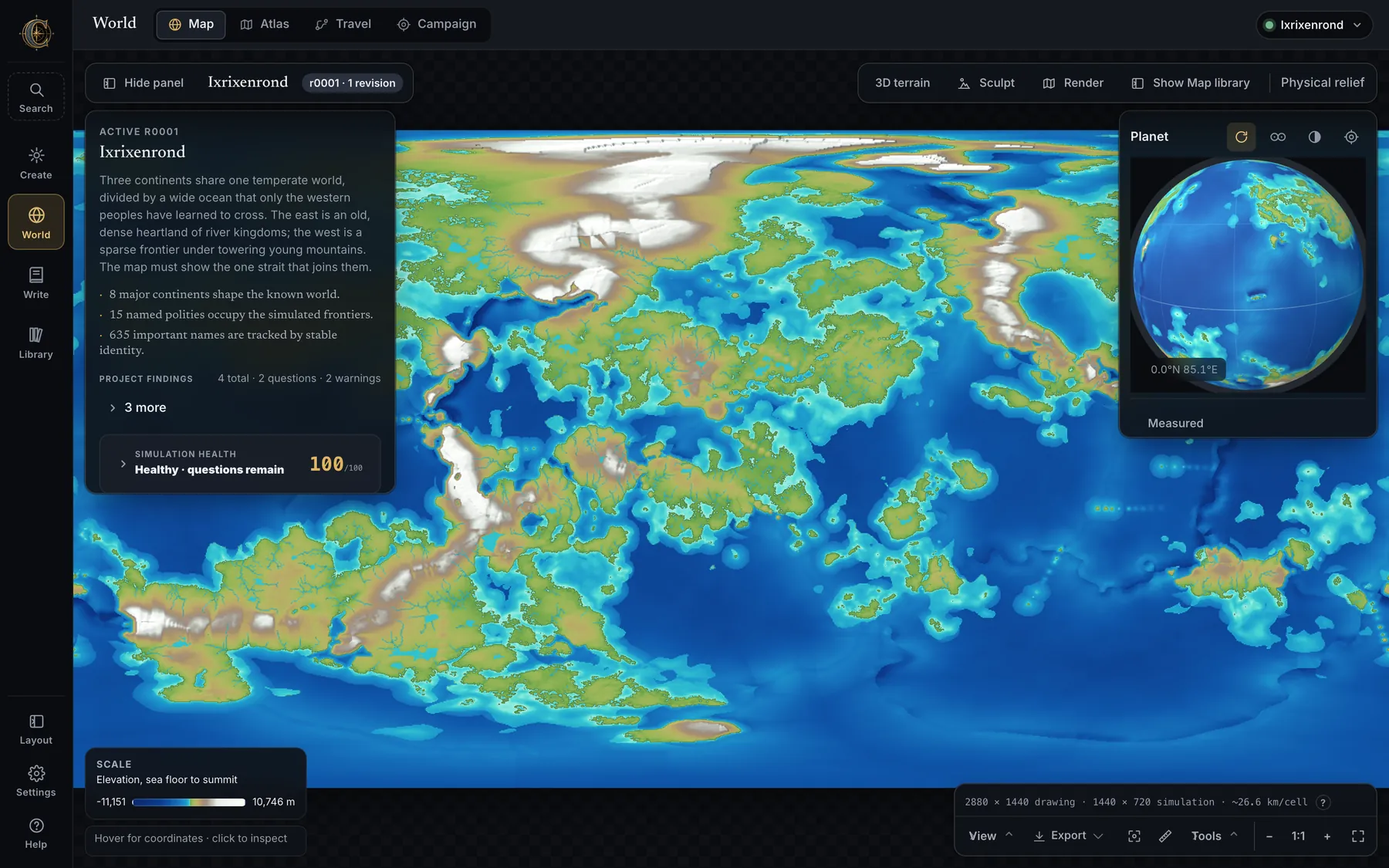 The World workspace: the physical relief map of Ixrixenrond with the planet globe and the world dossier