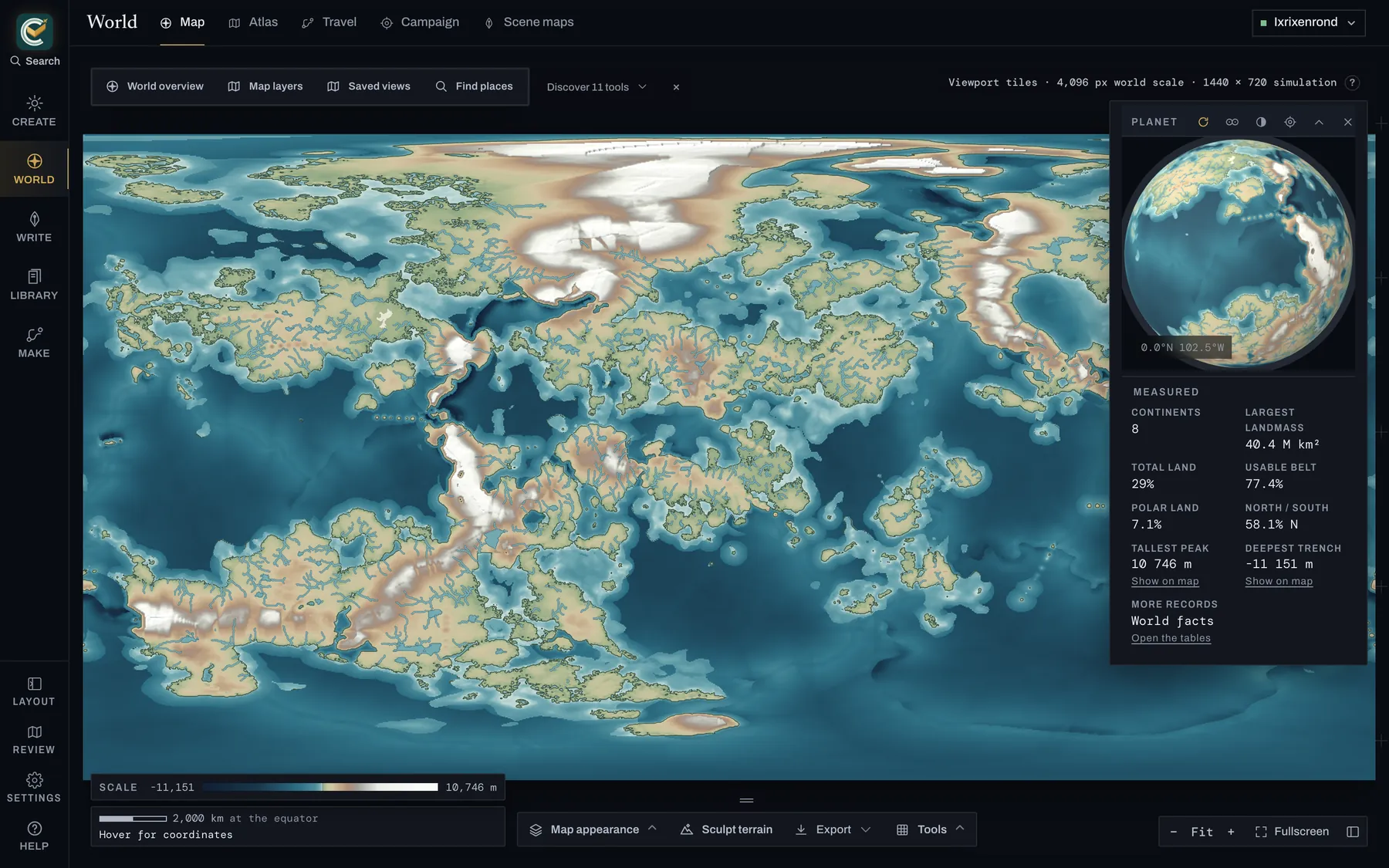 CartoVox World workspace showing Ixrixenrond's physical terrain, globe and measured planet facts