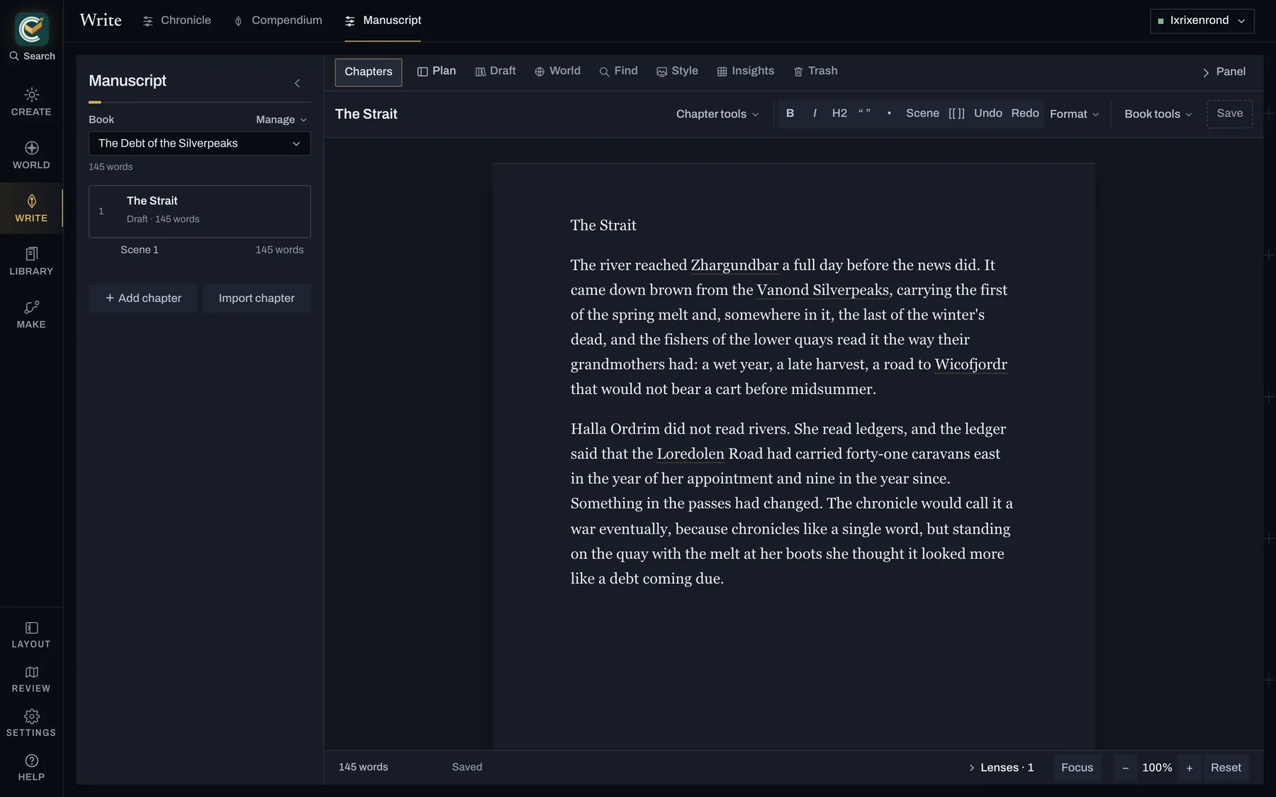 CartoVox Manuscript workspace with a chapter linked to places in the saved world