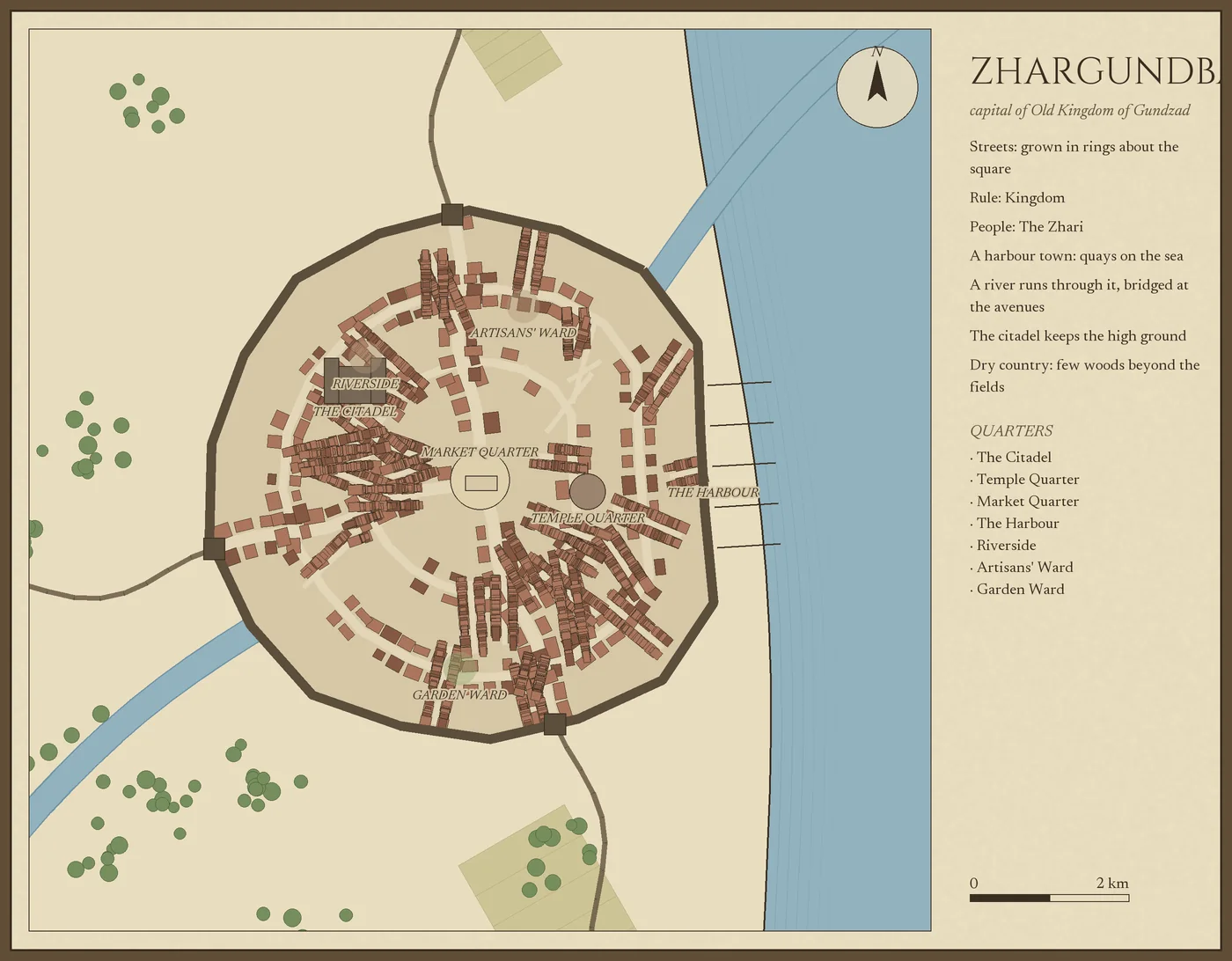 The city plan of Zhargundbar: streets in rings about the square, seven named quarters, quays on the river and fields beyond the walls