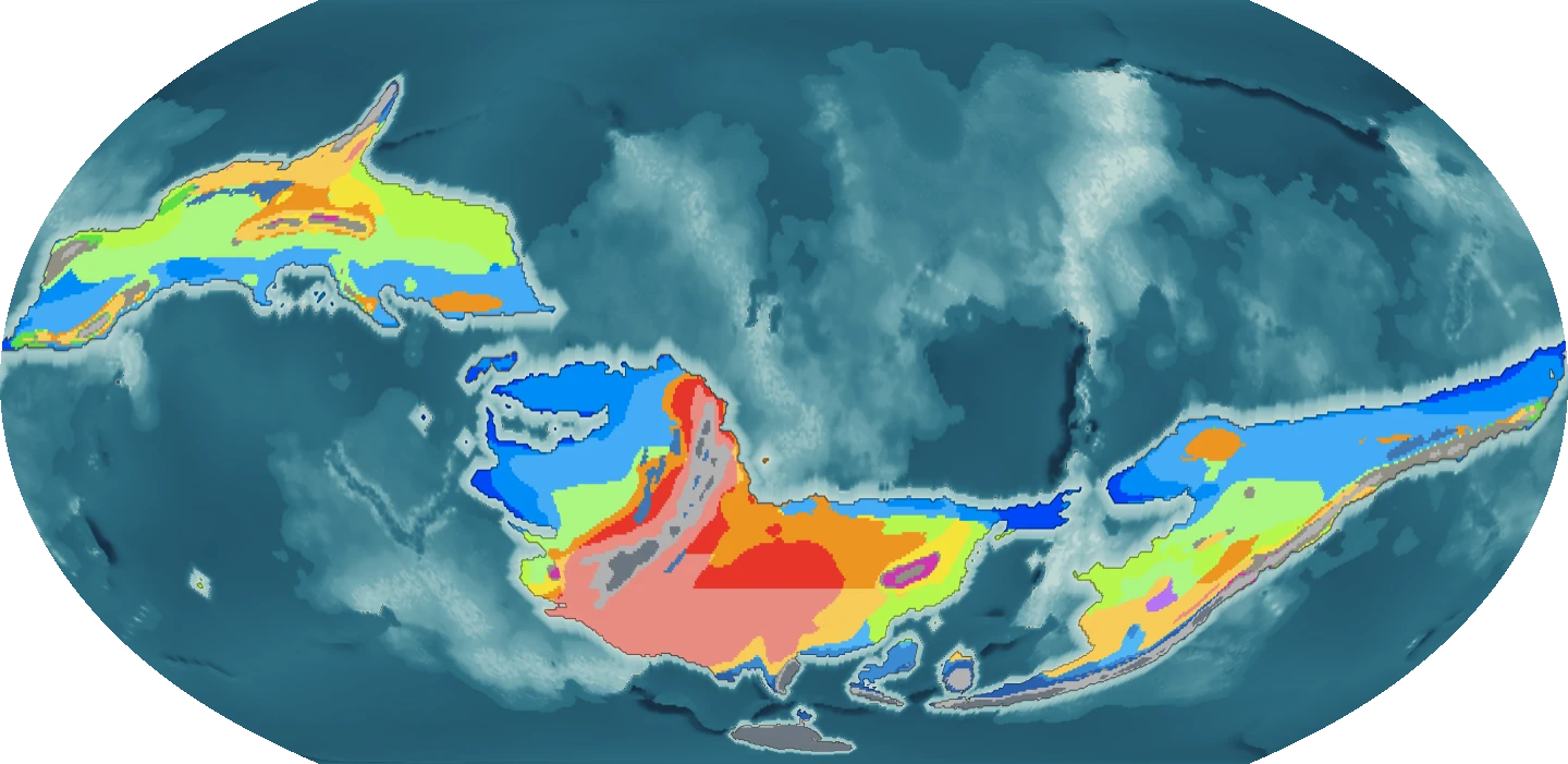 Hope C.'s world Einea in CartoVox, with colored climate regions across mountain-lined continents in an oval world projection
