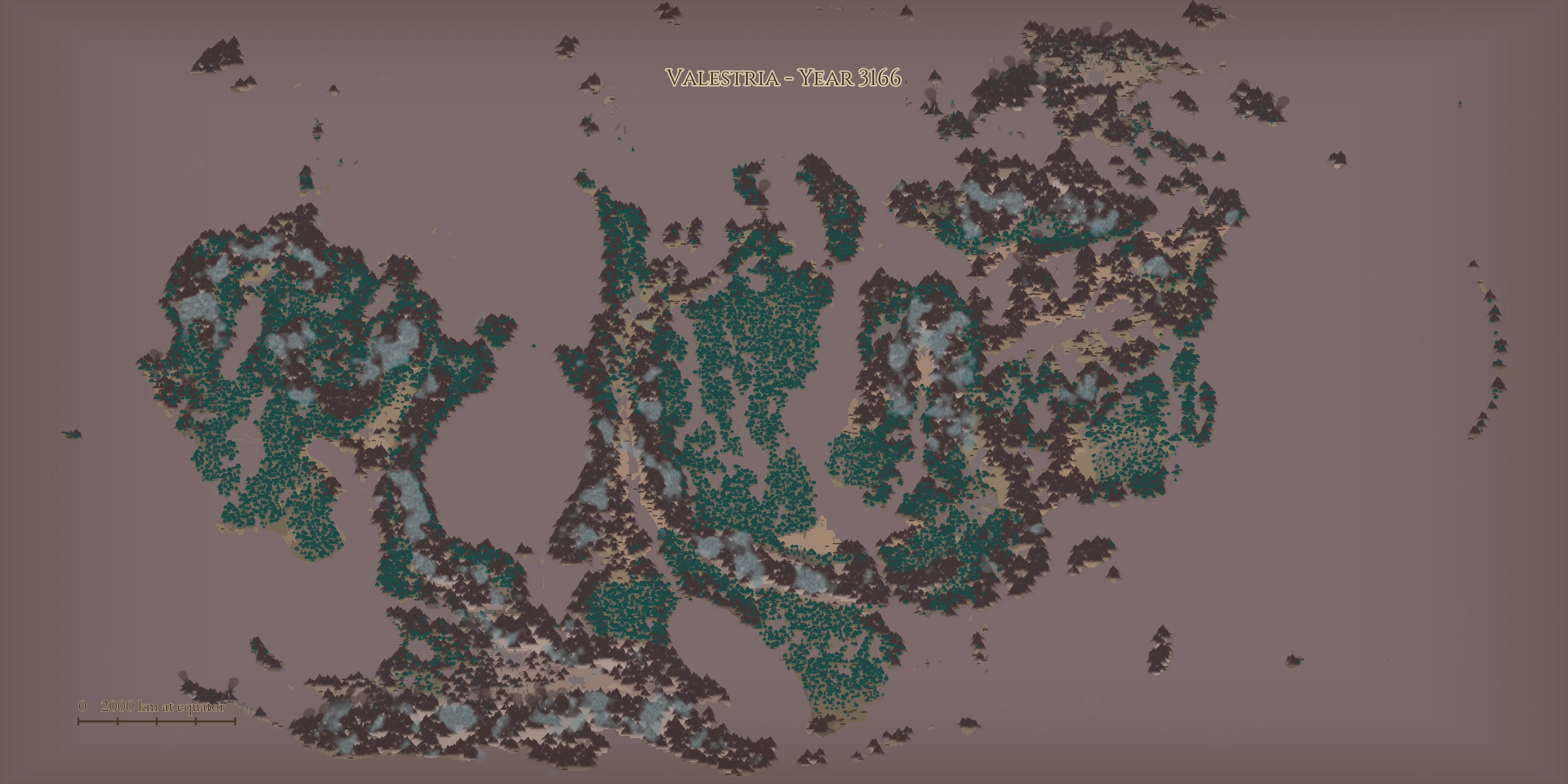 Unshavendillon's illustrated map labelled Valestria - Year 3166, with mountain and forest symbols across three connected landmasses