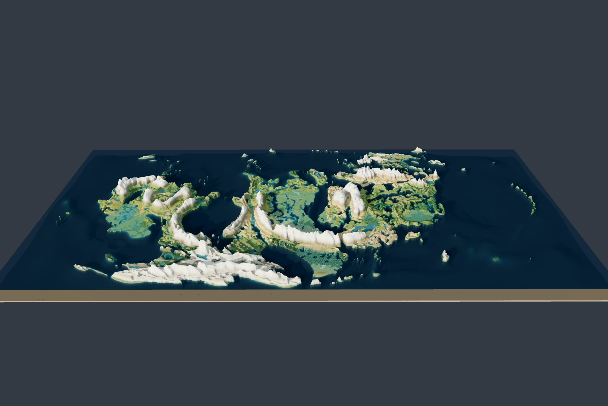 An angled 3D view across Unshavendillon's Valestria, with raised mountain chains and a visible terrain cross-section