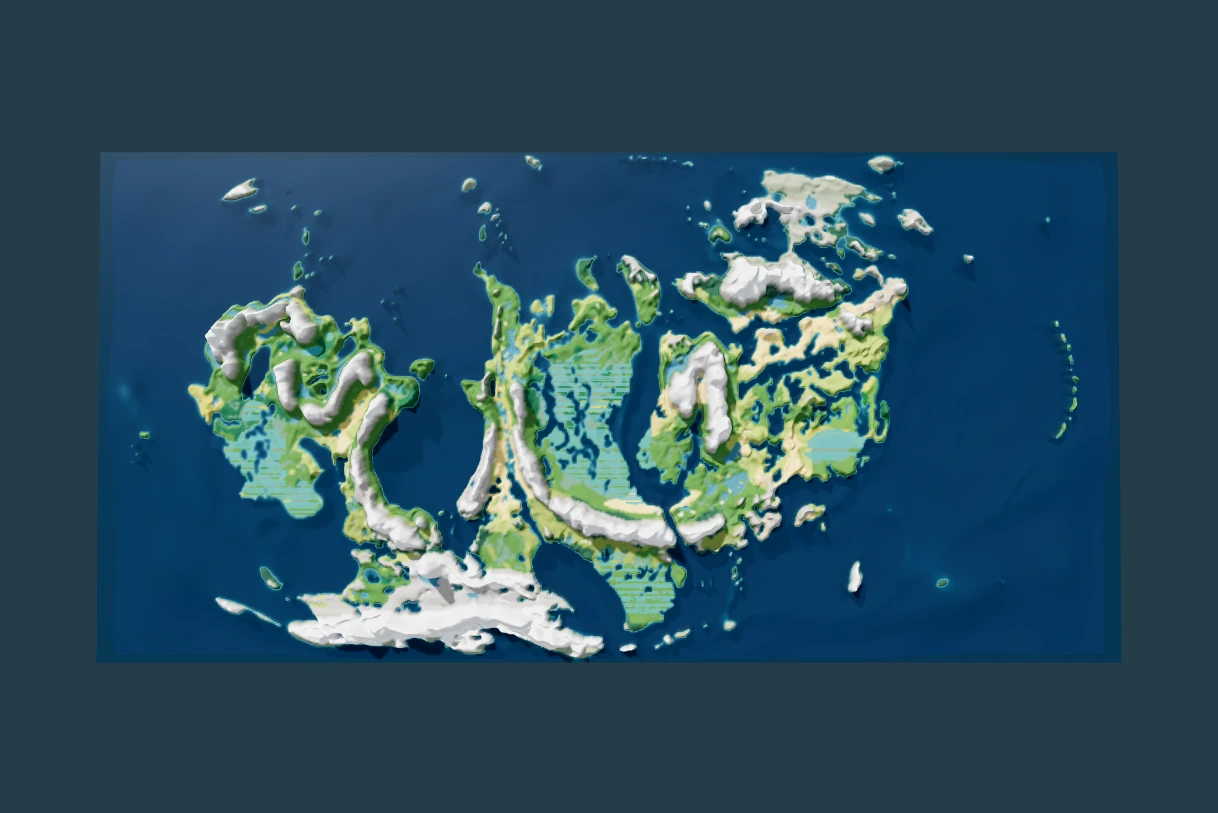 An overhead 3D view of Unshavendillon's Valestria in CartoVox, showing raised snowy mountain ranges and blue seas