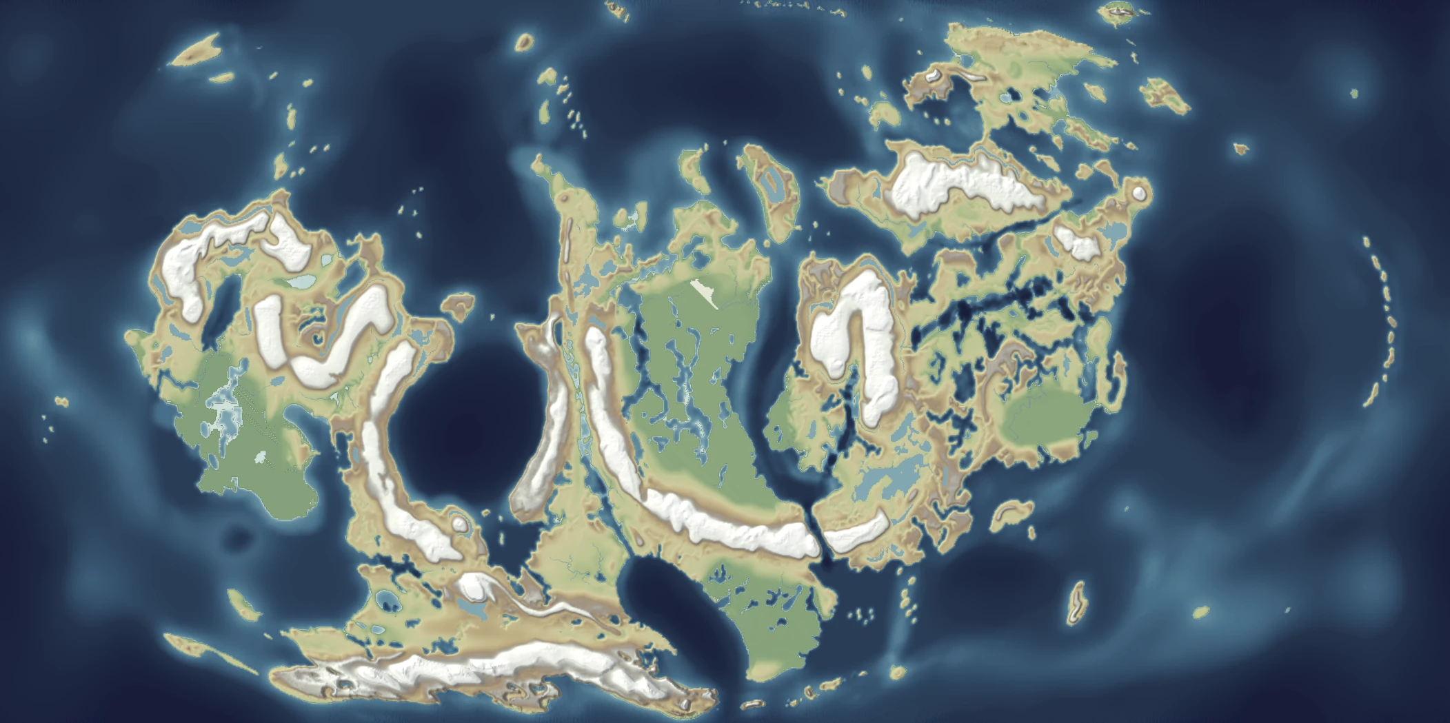 Unshavendillon's Valestria terrain map in CartoVox, with snowy mountain ranges, green lowlands, inland lakes and island chains
