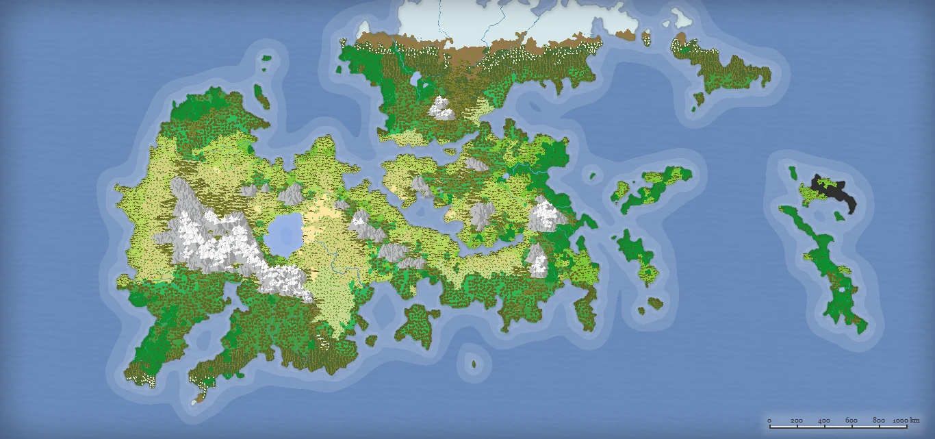 Just Call me Ed's previous iteration in Azgaar's Map Generator, showing forested land, snowy mountains, an inland lake and offshore islands