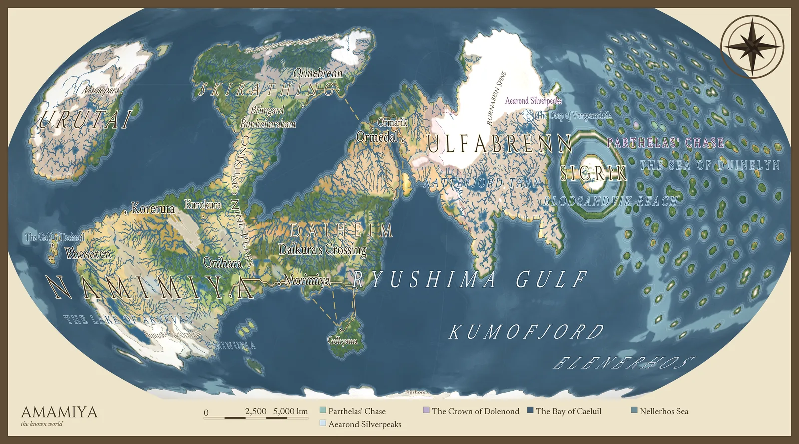 Illustrated world plate of Amamiya: a ringed archipelago beside a glaciated northern continent