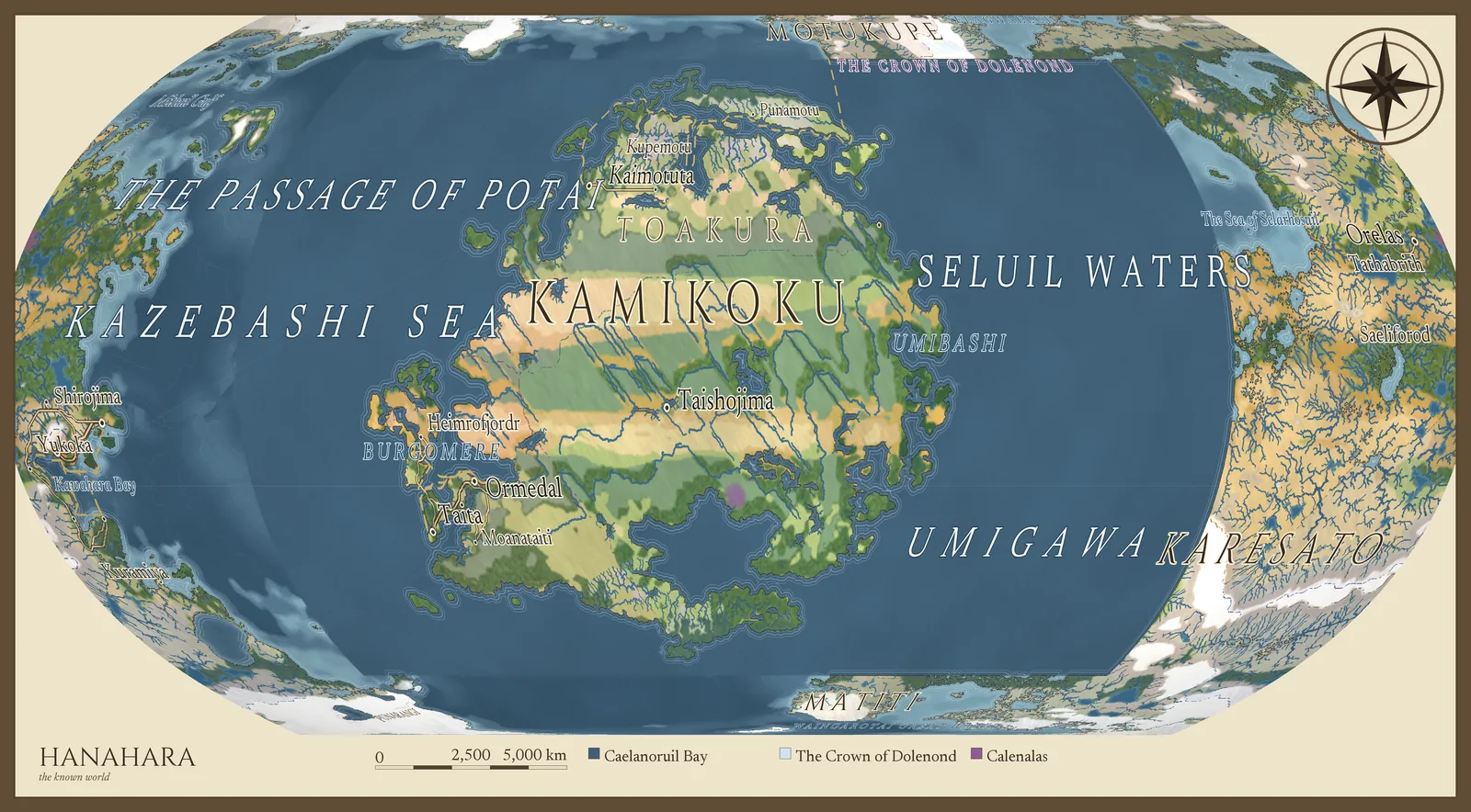 Illustrated world plate of Hanahara: a single vast continent facing an island-strewn sea
