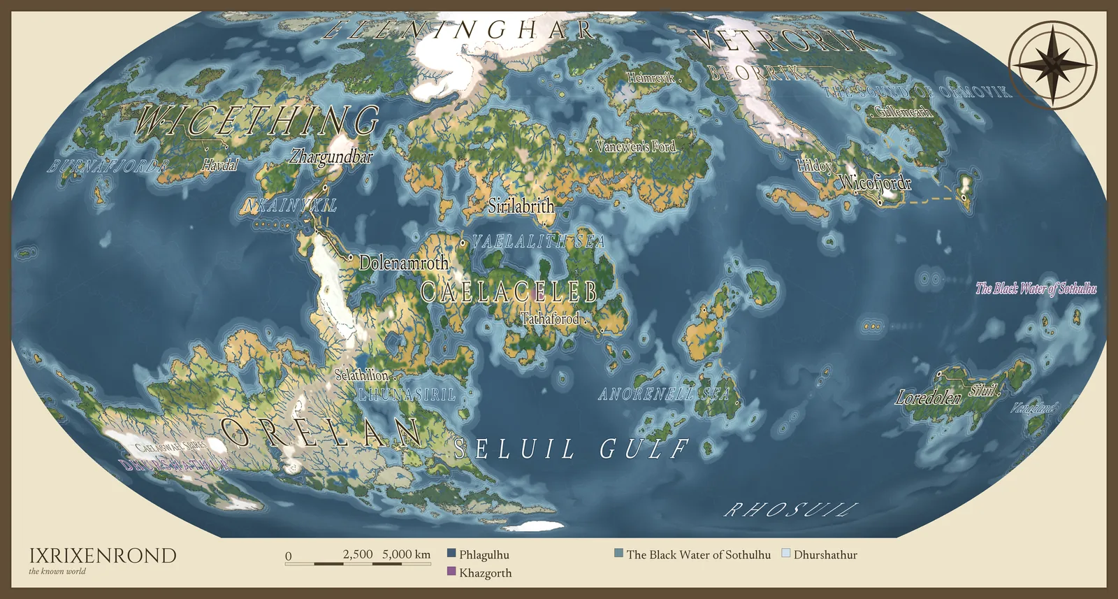 Illustrated world plate of Ixrixenrond: scattered continents around a central gulf