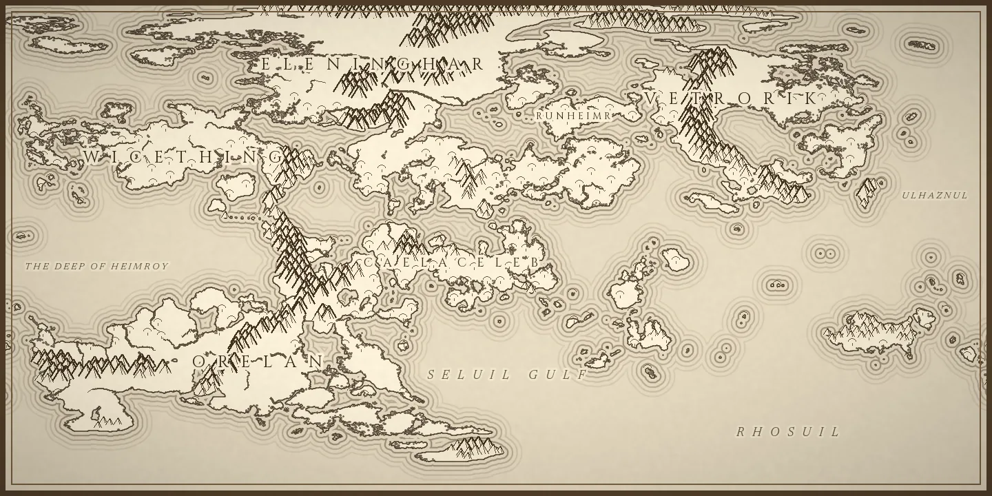 Ink-on-parchment style: hand-drawn profile mountains and coast rings